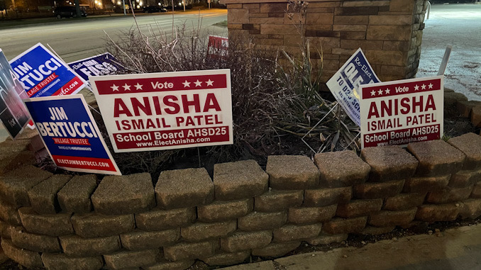 Campaign sign for Anisha Ismail Patel at Vail Avenue and Northwest Highway