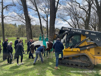 American Painted Horse lifted with John Deere Compact Track Loader during rescue in Barrington Hills on Wednesday, April 21, 2021