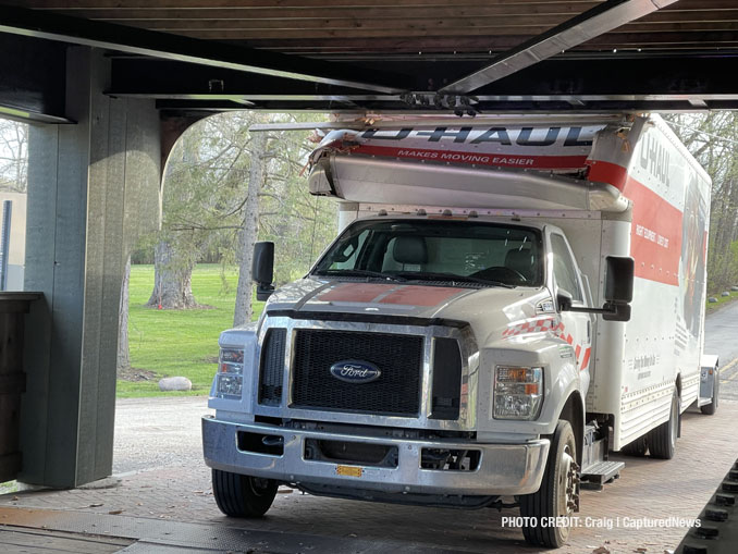 U-Haul truck crash into Robert Parker Coffin Road bridge in Long Grove on Friday, April 9, 2021.