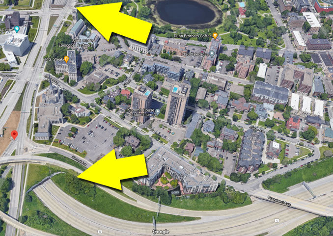 Yellow arrows show both openings of the Lowry Hill Tunnel (Imagery ©2021 Google, Imagery ©2021 Maxar Technologies, Sanborn, U.S. Geological Survey, USDA Farm Service Agency, Map data ©2021)