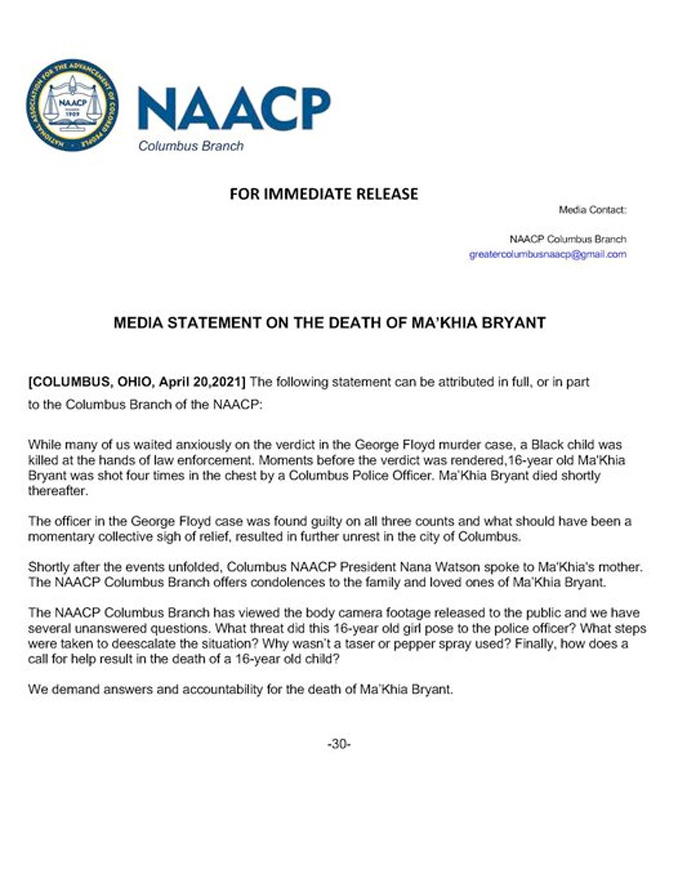 NAACP Columbus Branch media release regarding the Ma'Khia Bryant shooting by a Columbus Police Officer attempting to prevent a life-threatening aggravated battery with a knife