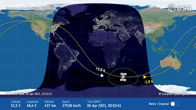 Position of the International Space Station passing the southern tip of Africa at 7:03 p.m. (SOURCE: NASA).