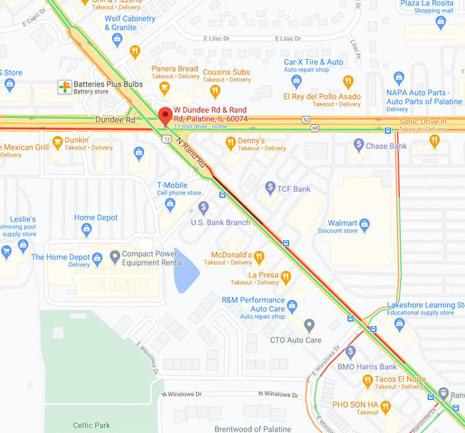 Traffic Map US-12 and US-68 during a gas leak at the southwest corner of the intersection in Palatine (Map data ©2021 Google)