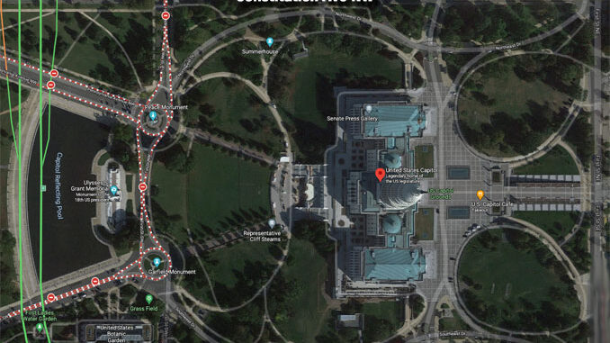 US Capitol Google Traffic Map Satellite View Friday, April 2, 2021 (Imagery ©2021 Google Imagery ©2021 CNES / Airbus, Commonwealth of Virginia, District of Columbia (DC GIS), Maxar Technologies, Sanborn, U.S. Geological Survey, USDA Farm Service Agency, Map data ©2021)