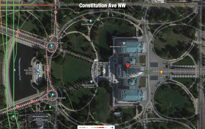 US Capitol Google Traffic Map Satellite View Friday, April 2, 2021 (Imagery ©2021 Google Imagery ©2021 CNES / Airbus, Commonwealth of Virginia, District of Columbia (DC GIS), Maxar Technologies, Sanborn, U.S. Geological Survey, USDA Farm Service Agency, Map data ©2021)