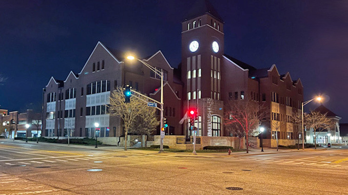 Village Hall at night, Tuesday, April 6, 2021