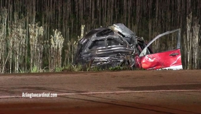 Wrecked Toyota RAV4 in crash on exit ramp from northbound Route 53 to Rand Road near Arlington Heights