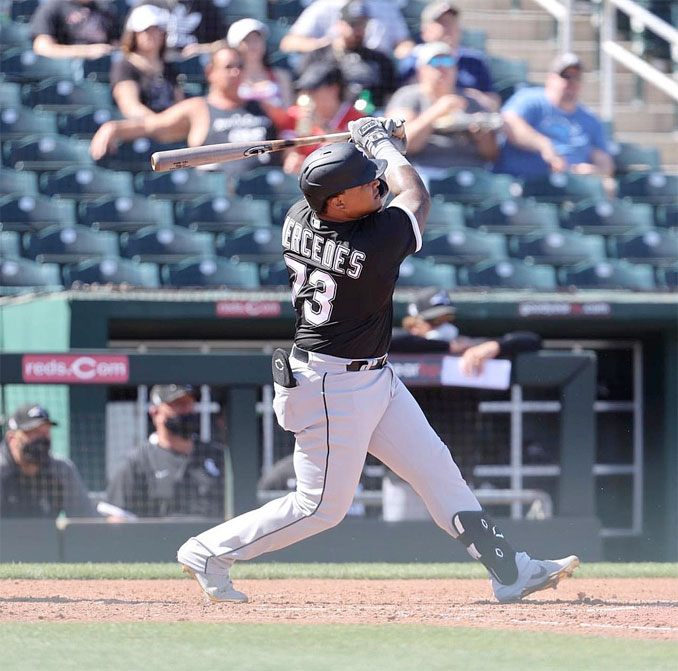 Yermín Mercedes #73 on March 6, 2021 batting against the Cleveland Indians in a Spring Training game in Goodyear, Arizona (Photo is licensed Wikipedia author Soxsox14 under the Creative Commons Attribution-Share Alike 4.0 International license)