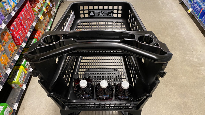 Rear view of the smaller  two-tier shopping cart with rear-loading capability under the ergonomic handlebar and cupholders