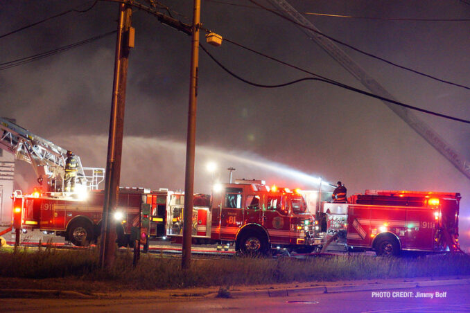 Extra alarm fire at the former "Just for Fun" Roller Rink on Front Street in McHenry on Thursday, May 27, 2021 (SOURCE: Jimmy Bolf