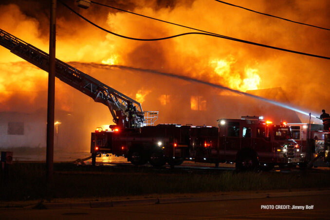 Extra alarm fire at the former "Just for Fun" Roller Rink on Front Street in McHenry on Thursday, May 27, 2021 (SOURCE: Jimmy Bolf)