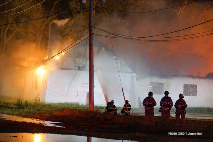 Extra alarm fire at the former "Just for Fun" Roller Rink on Front Street in McHenry on Thursday, May 27, 2021 (SOURCE: Jimmy Bolf)