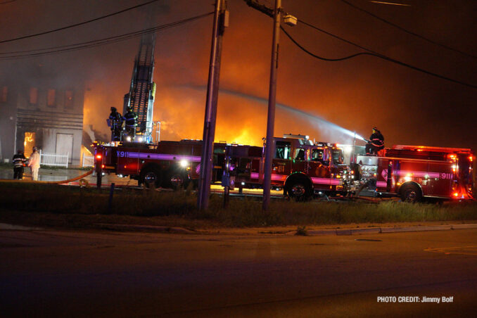 Extra alarm fire at the former "Just for Fun" Roller Rink on Front Street in McHenry on Thursday, May 27, 2021 (SOURCE: Jimmy Bolf)