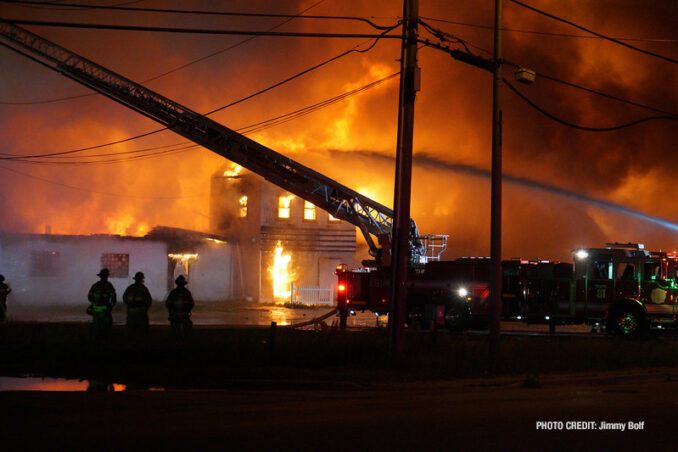 Extra alarm fire at the former "Just for Fun" Roller Rink on Front Street in McHenry on Thursday, May 27, 2021 (SOURCE: Jimmy Bolf)