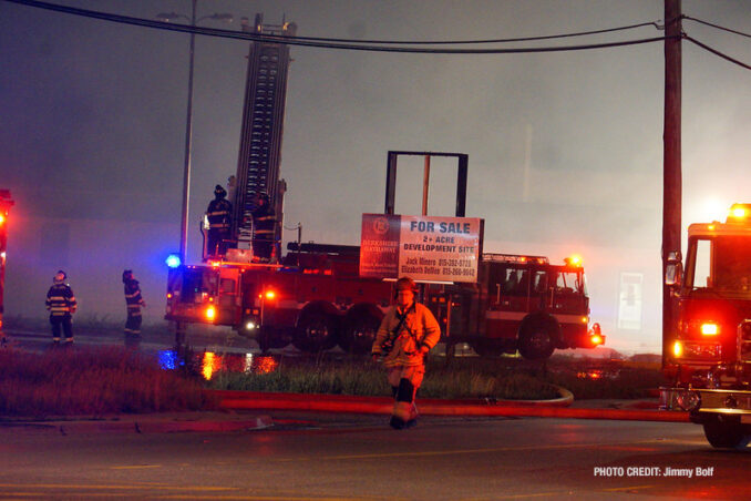 Extra alarm fire at the former "Just for Fun" Roller Rink on Front Street in McHenry on Thursday, May 27, 2021 (SOURCE: Jimmy Bolf)