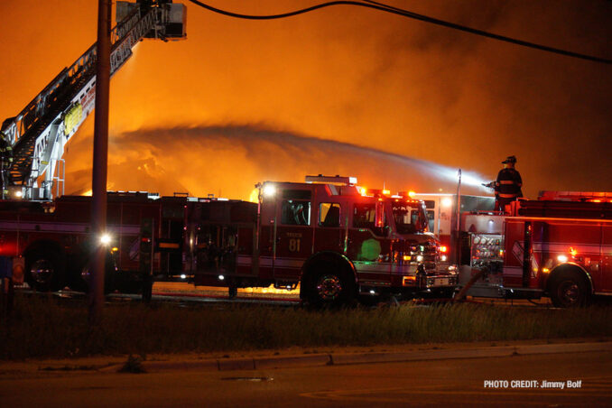 Extra alarm fire at the former "Just for Fun" Roller Rink on Front Street in McHenry on Thursday, May 27, 2021 (SOURCE: Jimmy Bolf)