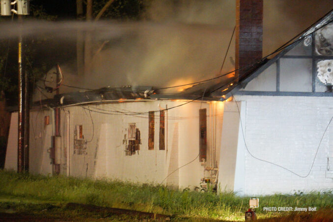 Extra alarm fire at the former "Just for Fun" Roller Rink on Front Street in McHenry on Thursday, May 27, 2021 (SOURCE: Jimmy Bolf)