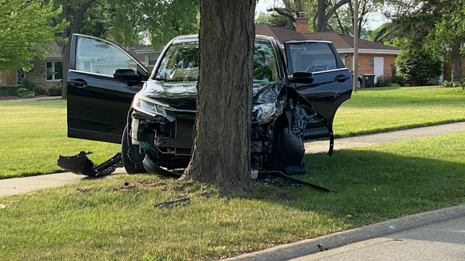 Single vehicle crash, SUV vs tree at Dwyer Avenue and Campbell Street Arlington Heights