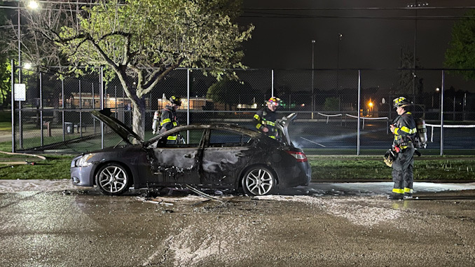 Car fire immediately after the fire was extinguished on Belmont Avenue just south of Wing Street near Recreation Park