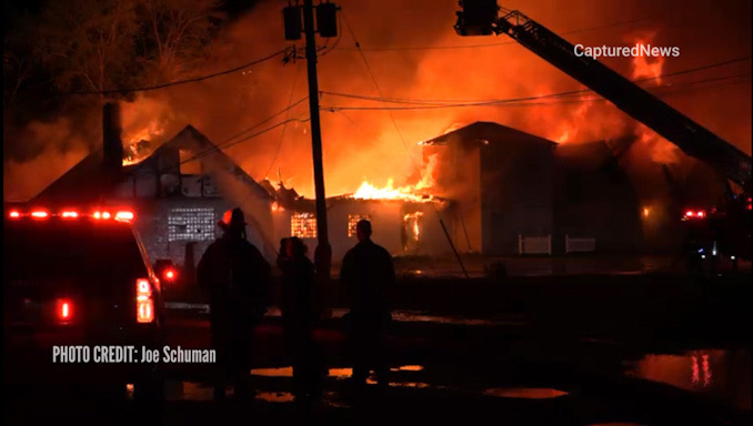 Extra alarm fire at the former "Just for Fun" Roller Rink on Front Street in McHenry (Joe Schuman/CapturedNews)