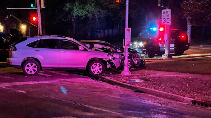 Two of two vehicles involved in a hit-and-run crash where the occupants of the vehicle in the background fled on foot after crashing at Arlington Heights Road an Oakton Street an Arlington Heights Saturday, May 15, 2021