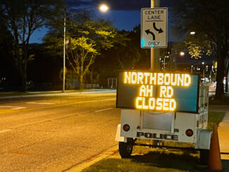 NORTHBOUND AH RD CLOSED on electronic trailer sign on northbound Arlington Heights Road just north of Park Street in Arlington Heights, May 11, 2021