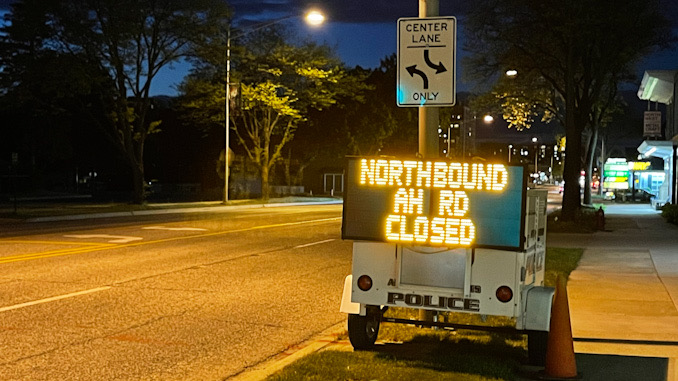 NORTHBOUND AH RD CLOSED on electronic trailer sign on northbound Arlington Heights Road just north of Park Street in Arlington Heights, May 11, 2021