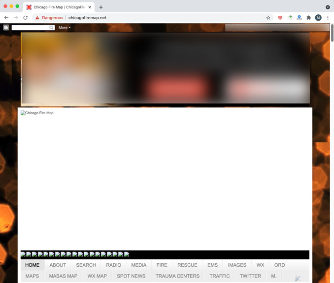 ChicagoFireMap.net marked as "Dangerous" in the URL field and displaying broken images (Ad and log-in information blurred)