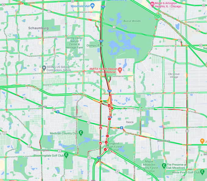 Crash map on I-290 Thursday, May 6, 2021 (Map data ©2021 Google)