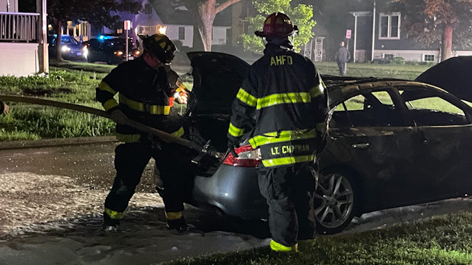 Car fire immediately after the fire was extinguished on Belmont Avenue just south of Wing Street near Recreation Park