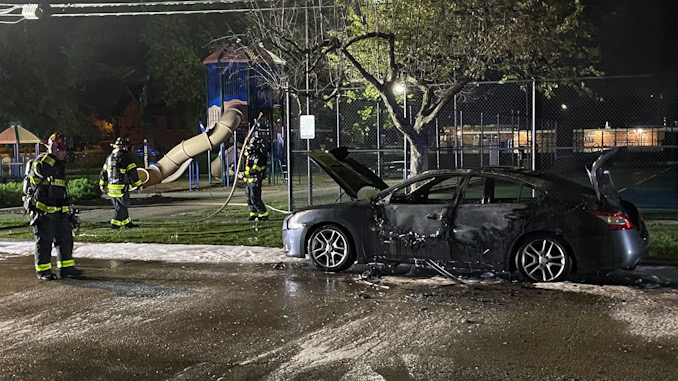 Car fire immediately after the fire was extinguished on Belmont Avenue just south of Wing Street near Recreation Park