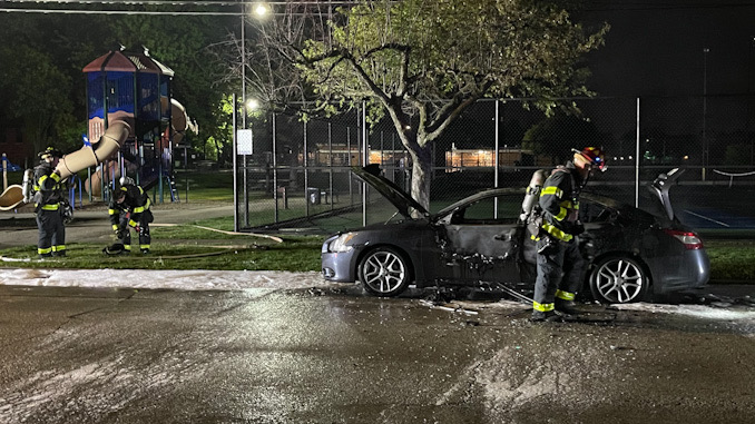 Car fire immediately after the fire was extinguished on Belmont Avenue just south of Wing Street near Recreation Park