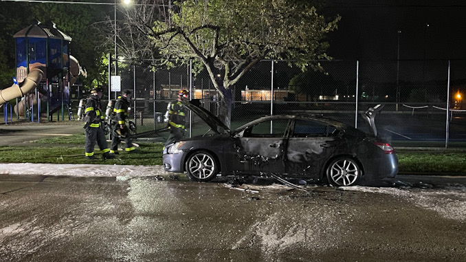 Car fire immediately after the fire was extinguished on Belmont Avenue just south of Wing Street near Recreation Park