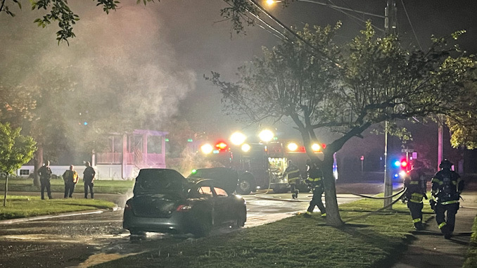 Car fire immediately after the fire was extinguished on Belmont Avenue just south of Wing Street near Recreation Park