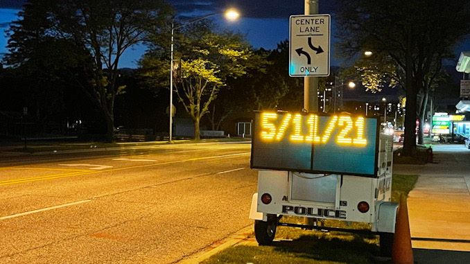 5/11/2021 on electronic trailer sign on northbound Arlington Heights Road just north of Park Street in Arlington Heights, May 11, 2021