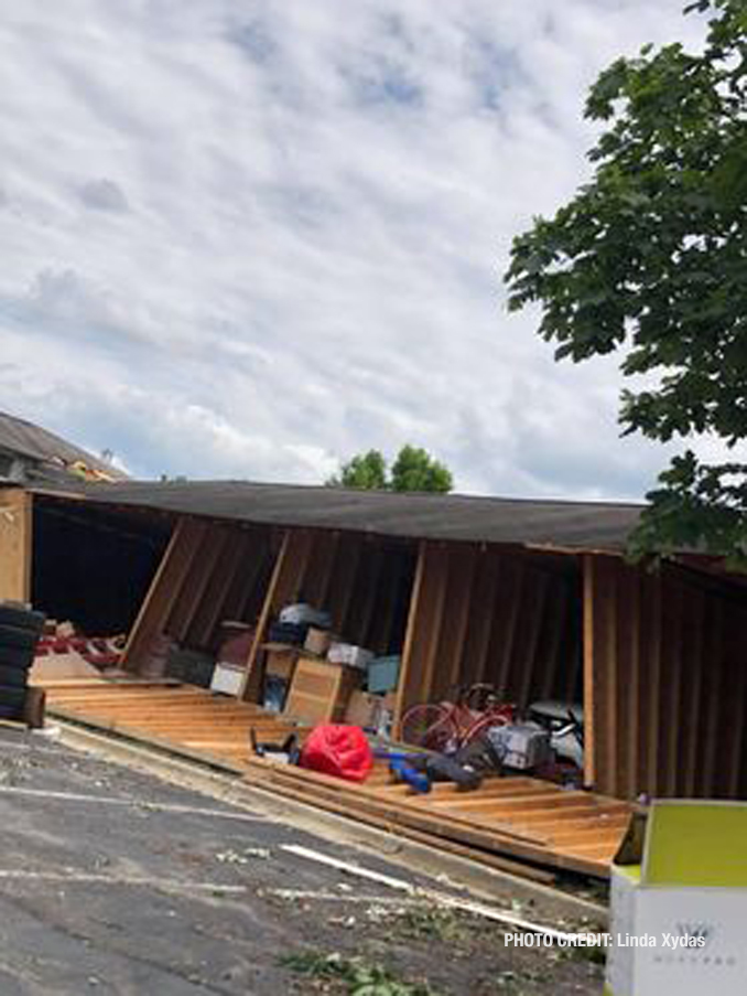 Tornado damage to a storage garage  at The Estates of Thornberry Woods on Gladstone Drive just south of 75th Street near the border of Naperville and Woodridge