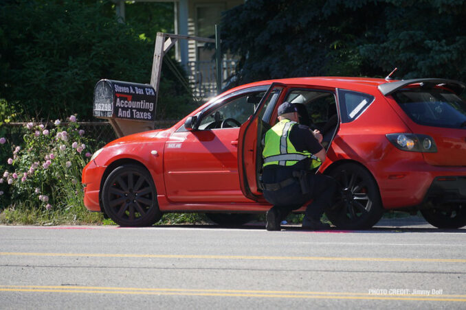 Red Mazda in crash on Washington Street west of Cemetery Road in Gurnee (PHOTO CREDIT: Jimmy Bolf)