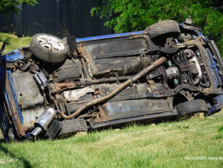 Blue Subaru rolled in crash on Washington Street west of Cemetery Road in Gurnee (PHOTO CREDIT: Jimmy Bolf)