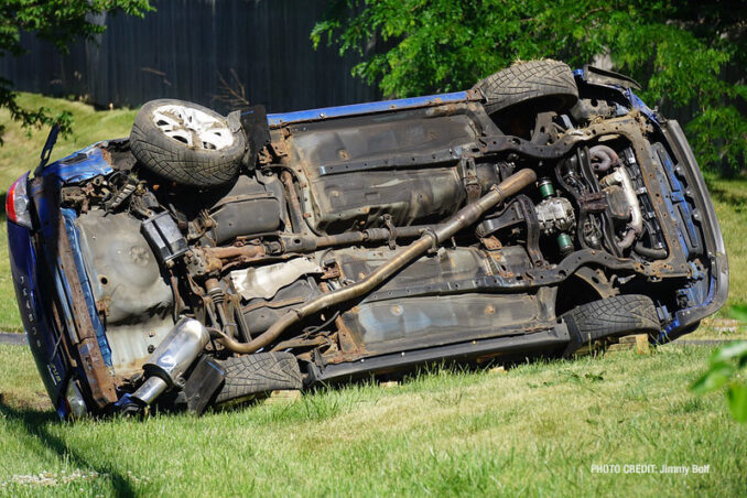 Blue Subaru rolled in crash on Washington Street west of Cemetery Road in Gurnee (PHOTO CREDIT: Jimmy Bolf)