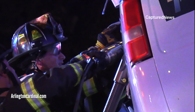 Extrication on the driver's side of a Chevrolet work van