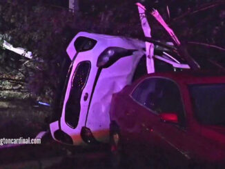 Tornado tosses Kia on side at The Estates of Thornberry Woods near the border of Naperville and Woodridge in Illinois