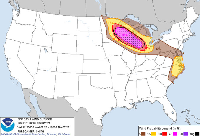 Day 1 probability wind outlook valid 3PM to Wednesday July 28, 2021 to 7 AM Thursday, July 29, 2021