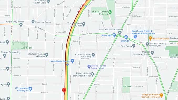 Crash Map Edens southbound near a point just north of Oakton Street (SOURCE: Map data ©2021 Google) Crash Map Edens southbound near a point just north of Oakton Street (SOURCE: Map data ©2021 Google)
