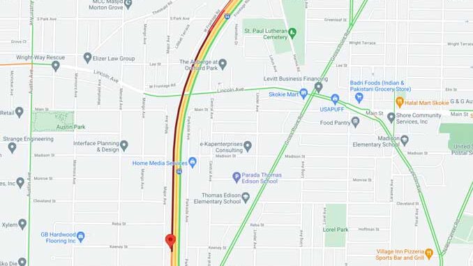 Crash Map Edens southbound near a point just north of Oakton Street (SOURCE: Map data ©2021 Google)