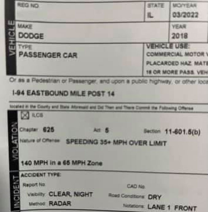 Partial view of citation for motorist driving a blue 2018 Dodge 140 MPH or 75 MPH over the 65 MPH Speed Limit (SOURCE: Illinois State Police District 15 on Facebook)