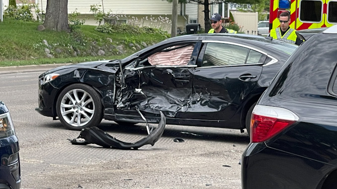 Hyundai sedan with driver's side damage at Arlington Heights Road and Olive Street on Friday, July 30, 2021