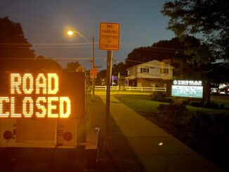 Road Closed displayed at sign at Thomas Street and Belmont Avenue in Arlington Heights
