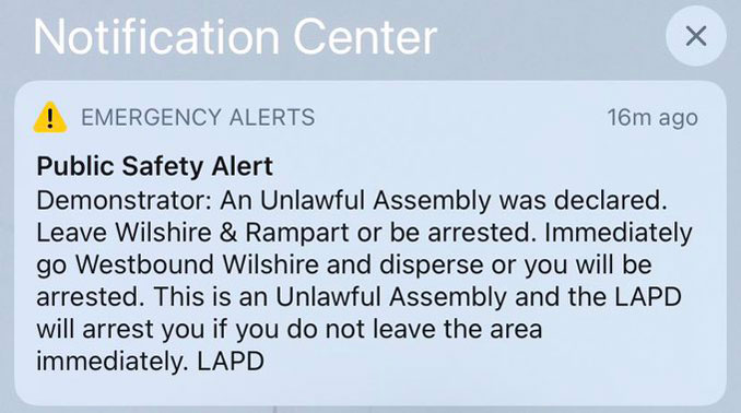 LAPD push notification for Unlawful Assembly on Saturday, July 17, 2021 (SOURCE: Twitter)