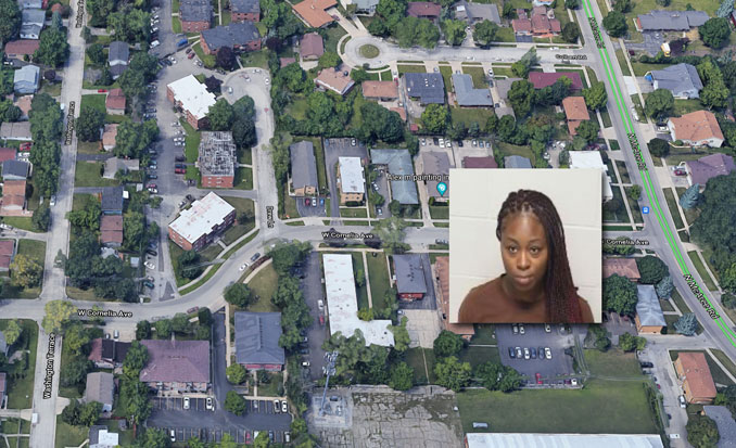 Lakeesha Donley booking photo and neighborhood of aggravated battery crime scene (SOURCE: Lake County Sheriff's Office/Imagery ©2021 Google, Imagery ©Maxar Technologies, U.S. Geological Survey Map data ©2021)