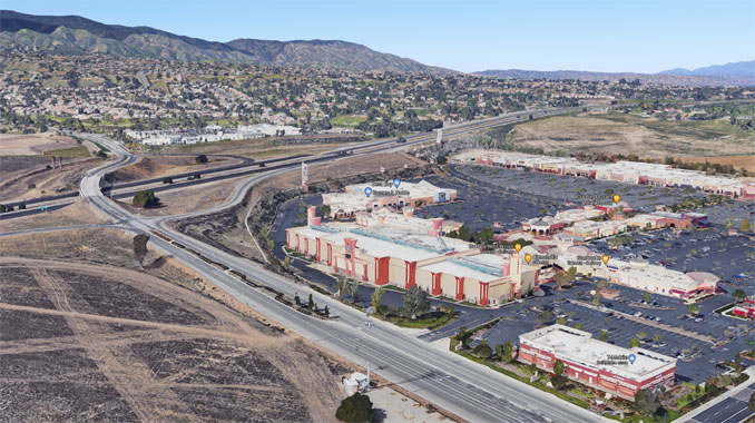 Regal Edwards Corona Crossings Theater (SOURCE: Imagery ©2021 Google, Data USGS, Data SIO, NOAA, U.S. Navy, NGA, GEBCO, Data CSUMB SFML, CA OPC, Data LDEO-Columbia, NSF, NOAA, Landsat / Copernicus, Data MBARI, Imagery ©2021 County of San Bernardino, Maxar Technologies, U.S. Geological Survey, Map data ©2021)